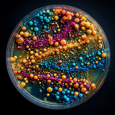 Scientist holds in his hands a petri dish with multi-colored bacteria from the environment, the isolation of dangerous bacteria in the laboratory. Isolate of a Petri dish in the hands of a doctor.の素材