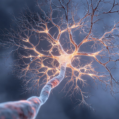 Human brain anatomy with Neurons, brain cells, neural network Synaptic transmission, Synapses. 3d illustration microscopic anatomical model of a neuron and neural synaptic structures.の素材