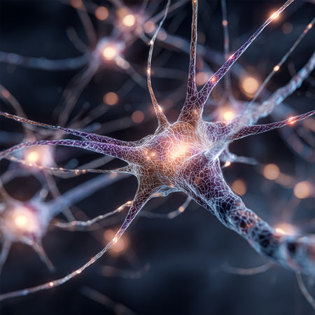 Human brain anatomy with Neurons, brain cells, neural network Synaptic transmission, Synapses. 3d illustration microscopic anatomical model of a neuron and neural synaptic structures.の素材
