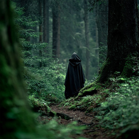 witch sorceress in black robe with hood against mystical forest background.の素材