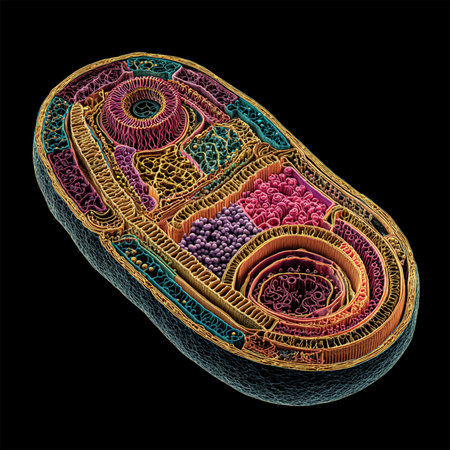Colored TEM micrograph of kidney proximal tubule cells showing brush border (light green), endocytic apparatus (yellow), lysosomes (dark green), mitochondria (red) and basement membrane (pink).の素材