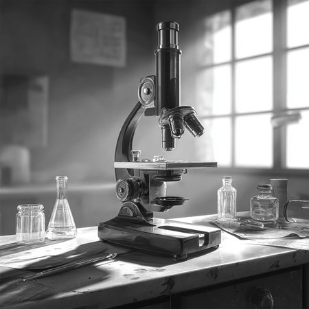 Modern medical microscope on gray table in laboratory, space for textの素材