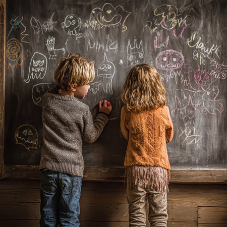 preschool girl in red dress drawing on blackboardの素材