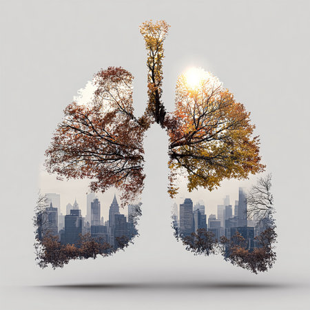Human lungs with cute floral decor, central internal organ of respiratory system. Anatomical model of healthy lung and trachea with flowering herbs and plants, blue flowers cartoon illustrationの素材