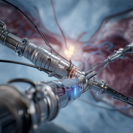 Minimally invasive surgery, suturing tendons and ligaments in knee of man, operating hospital. Laparoscopic instrument for leg patient.の素材
