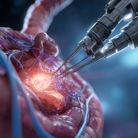 Minimally invasive surgery, suturing tendons and ligaments in knee of man, operating hospital. Laparoscopic instrument for leg patient.の素材