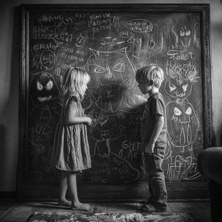 preschool girl in red dress drawing on blackboardの素材