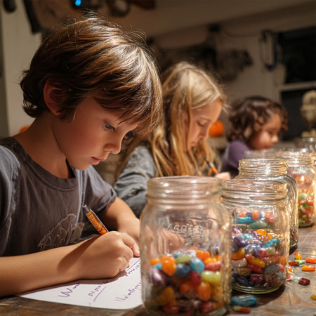 Family in witch hats and carved pumpkins, having fun at home for Halloween. Smiling, crafting, and decorating together, creating special memoriesの素材