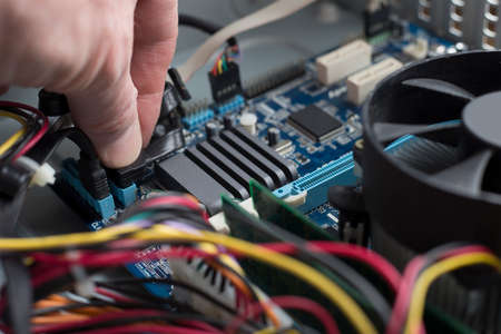 the hand of a computer engineer connect the cable, close-upの写真素材