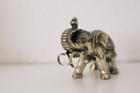 Silver statue of elephant with wedding ringsの写真素材