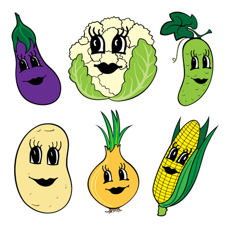 Set of 6 funny cartoon vegetables with faces isolated on a white background.のイラスト素材