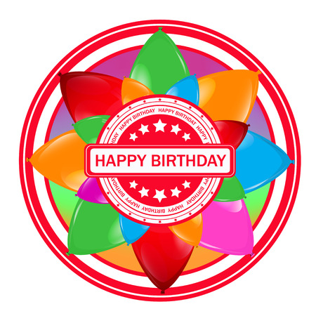 Stamp with balloons and text Happy Birthday written inside the stamp, vector illustration on a white backgroundのイラスト素材