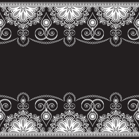 Mehndi line lace element with flowers in Indian style pattern card for tattoo on black background. Vector illustrationのイラスト素材