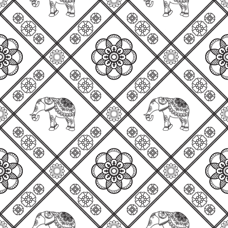 Henna tattoo seamless pattern with elephants and flowers in indian mehndi style. Vector illustration isolated on white backgroundのイラスト素材