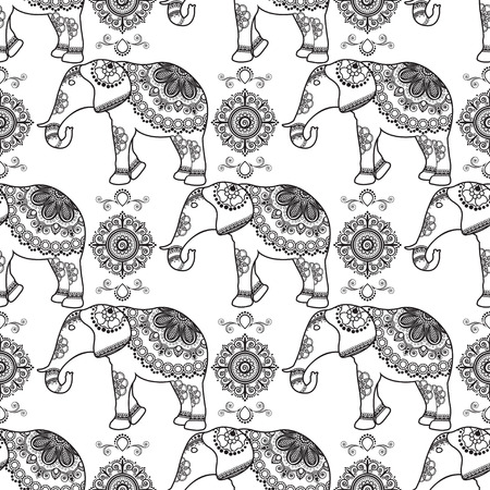 Mehndi, Indian Henna tattoo seamless pattern with elephants and flowers. Vector illustration isolated on white backgroundのイラスト素材