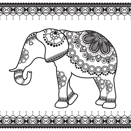 Elephant with border elements in ethnic mehndi style. Vector black and white illustration isolated on white backgroundのイラスト素材