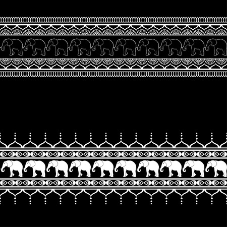 Mehndi border pattern elements with elephants and flower line lace in Indian style isolated on black background. Vector illustrationのイラスト素材