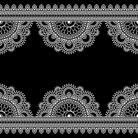 Border seamless pattern with Indian floral elements and lace lines in mehndi style for card and tattoo isolated on black background. Vector illustrationのイラスト素材
