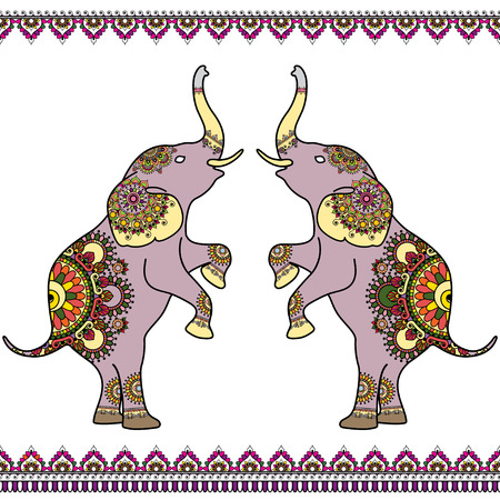 Color two elephants with border elements in ethnic Indian mehndi henna style. Vector color illustration isolated on white backgroundのイラスト素材