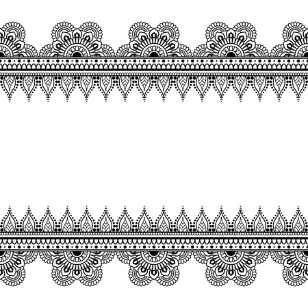 Border seamless pattern elements with flowers and lace lines in Indian mehndi style for card and tattoo isolated on white background. Vector illustrationのイラスト素材
