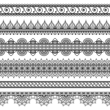 Indian, Mehndi Henna set of six line lace elements pattern for tattoo on white background. Vector illustration isolated on white backgroundのイラスト素材