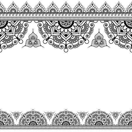 Border pattern elements with flowers and lace lines in Indian mehndi style for cards or tattoo isolated on black background. Vector illustrationのイラスト素材
