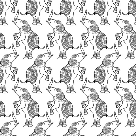 Seamless pattern mandala mehndi elephants of buta decoration items on white background. Vector animal decorative elements isolated.のイラスト素材