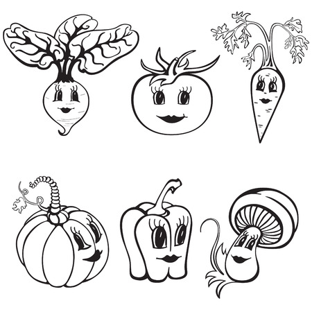 Set of cartoon funny vegetables black and white. Fruits for Children Education. Vector illustrationのイラスト素材