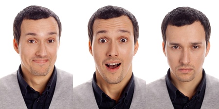 three emotions of one person on a white background の写真素材
