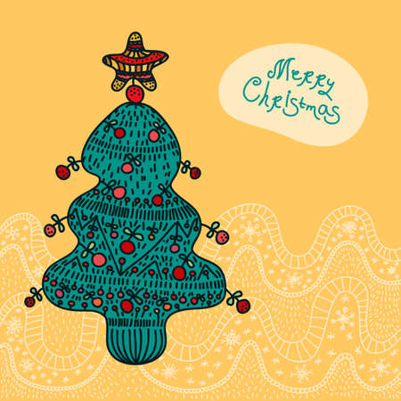 Christmas vector card with xmas tree, bubble talk, snowflakes  Hand drawn element のイラスト素材
