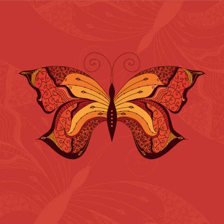 Ornamental vector butterfly with many details on orange background.のイラスト素材