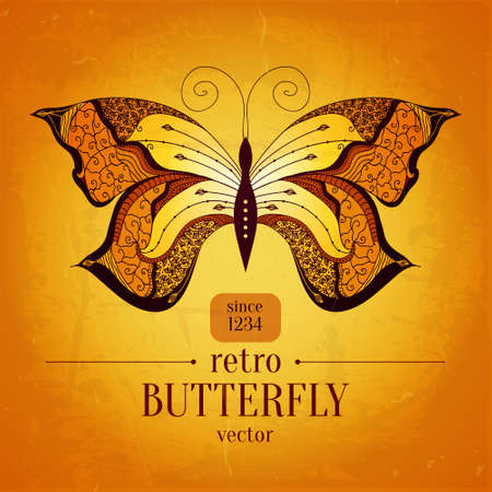 Retro butterfly vector banner design.Vintage butterfly ornament. のイラスト素材