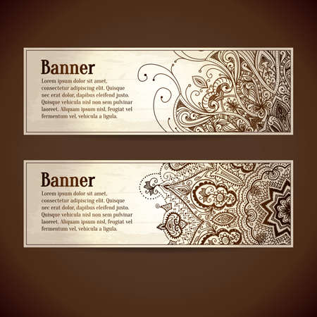 Vector set: vintage banners with lace ornaments, flowers and text area. Abstract vector backgrounds can be for header design for web sites, blank design, textile, printing, wedding cards, invitationsのイラスト素材