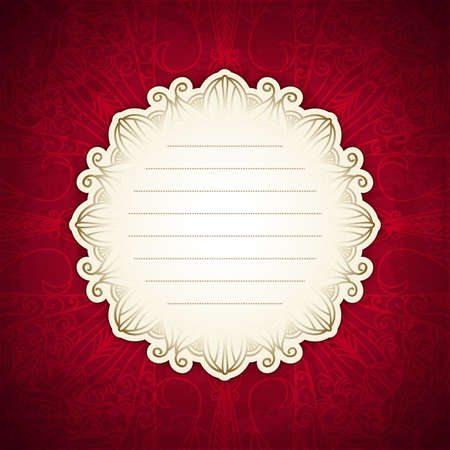 Red template with white label. Vintage design. Indian motif. Luxury design template. Border frame design. Vector layout.のイラスト素材