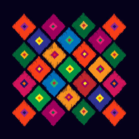 Abstract geometrical pattern from rhombus on black background. Tribal vector pattern. Hand drawn abstract background. Multicolored bright background. Vector illustration look like hand made carpet.のイラスト素材