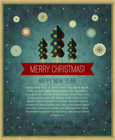Vintage Christmas Image. Christmas tree, ribbon and snowflakes. Christmas card design. Christmas tree on grunge geometric background. Aged paper banner. Christmas image. Vector illustration.のイラスト素材