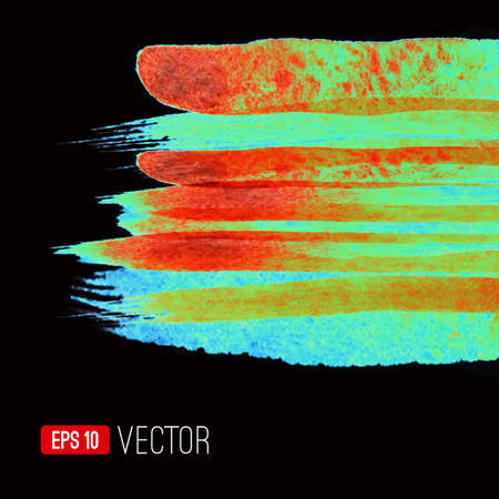 Abstract vector watercolor background. Unusual design template. Bright stripes on black background. Hand drawn texture.のイラスト素材