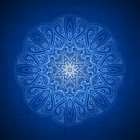 Abstract vector circle floral ornamental border. Lace pattern design. White ornament on blue background. Vector ornamental border frame. Can be used for banner, web design, wedding cards and othersのイラスト素材