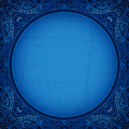 Vintage vector circle floral ornamental border. Lace pattern design. White vintage ornament on blue background. Vector ornamental border frame. Can be used for banner, web design, wedding cards.のイラスト素材
