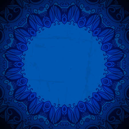 Vintage vector circle floral ornamental border. Lace pattern design. White vintage ornament on blue background. Vector ornamental border frame. Can be used for banner, web design, wedding cards.のイラスト素材