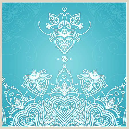Blue wedding invitation design template with doves, hearts, flowers and geometrical lace ornament Wedding card の写真素材