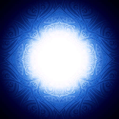 Abstract background with floral frame. Can be used for Islamic design, greeting cards, notebook covers, menu, wedding invitations. Frozen. Ice. Christmas background.Winter illustration.Blue and white.の写真素材