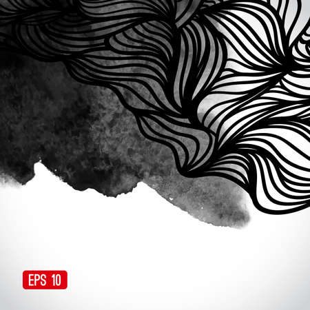 Abstract vector black and white design with waves. Urban theme design element. Ink splatter. Hand drawn waves on watercolor background. Watercolor texture. Japanese motifs. Black and white backgroundのイラスト素材