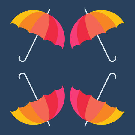 Vector umbrellas. Abstract seamless pattern design. Colorful banner. Vector illustration.  Autumn background. Rainbow color umbrellas oACn blue background. Autumn season design concept.のイラスト素材