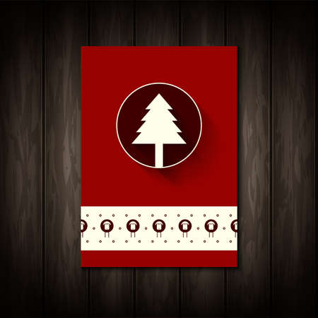 2015 calendar cover on wooden texture background. Red color poster with paper clip. 2015, Happy New Year, Marry Christmas texting and decorative pattern with sheeps and christmas treeのイラスト素材