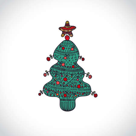 Vector christmas tree isolated on white background. Xmas icon. Hand drawn design. Vector holiday illustration can be used for Greeting Card, Holiday Invitation, Poster, Flyer. Winter illustration.のイラスト素材