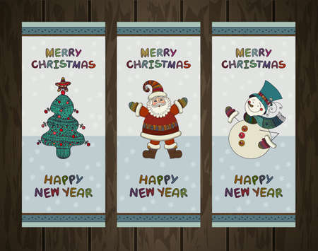 Vector set of christmas backgrounds. Christmas banners with Christmas Tree, Santa Claus and Snowman on wood texture. Merry Christmas and Happy New Year Labels. Xmas vector design elements.のイラスト素材