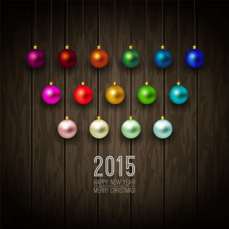 Christmas decoration on wooden background. Christmas card. Christmas ornaments. Vector illustration.のイラスト素材