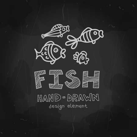 Set of four hand-drawn small fishes with Fish label. Black and white grunge design. Vector design element can be used for logotype of aquarium, fishing . Vector illustration.のイラスト素材
