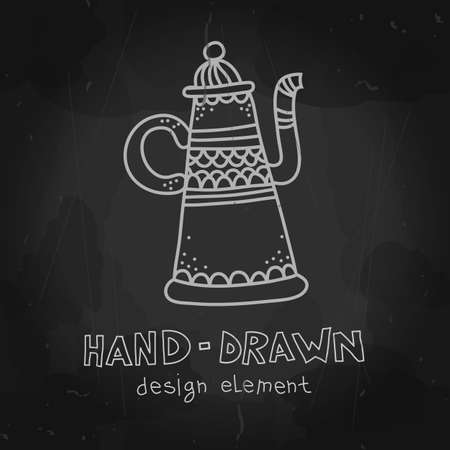 Vector arab coffee pot. Antique arabian teapot. Hand drawn chalkboard mockup for restaurant menu, cafeteria advertising stylized drawing with chalk on blackboard.のイラスト素材